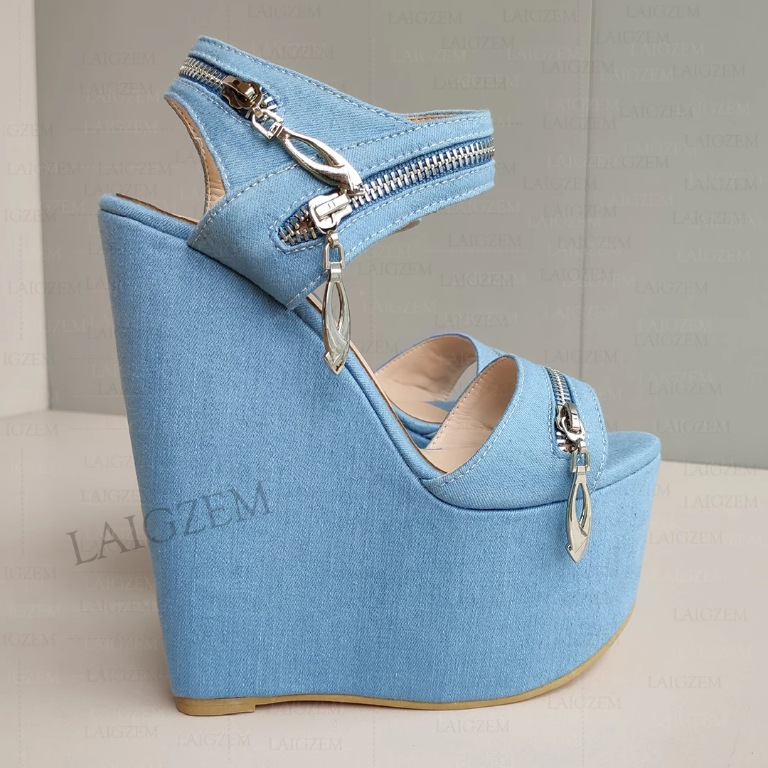 

LAIGZEM Women Sandals Platform Wedges Open Toe 17CM High Heels Pumps Zippers Denim Handmade Ladies Shoes Woman Big Size 38 44 48