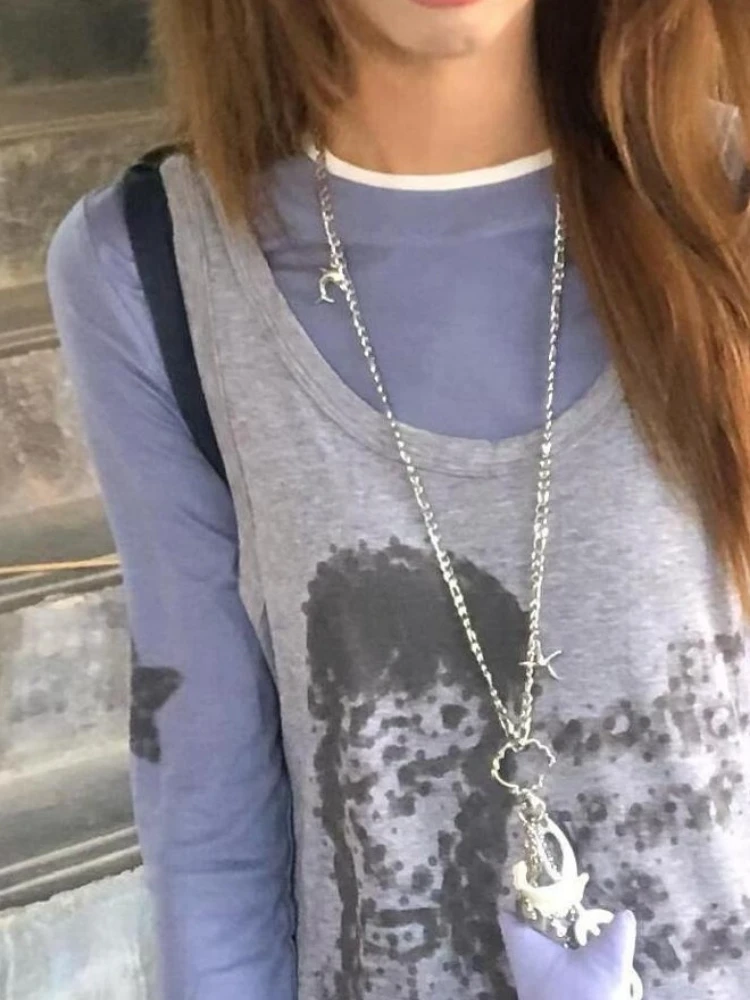 Y2K الجمالية قطعتين مجموعات المرقعة ستار الطباعة طويلة الأكمام تي شيرت خمر الكرتون سترة دون أكمام الإناث الجرونج دعوى