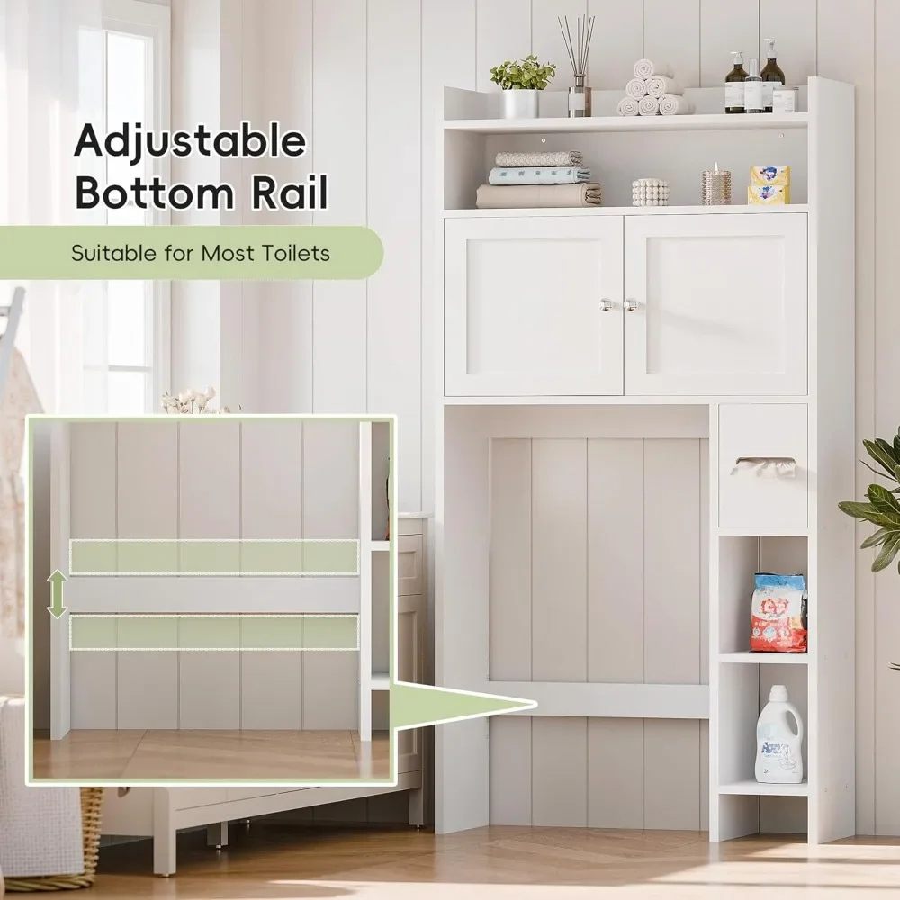 Over The Toilet Storage Cabinet with Doors,  Bathroom Storage Organizer with Side Shelves, Space-Saving Toilet Storage Rack