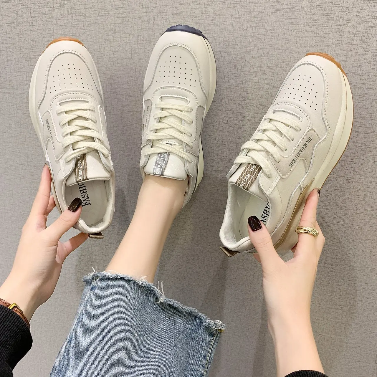 Women Sneakers Spring Autumn Patchwork Casual Flats Fashion Women's Lace-Up White Shoes Thick Heeled Girls Beige Sneakers