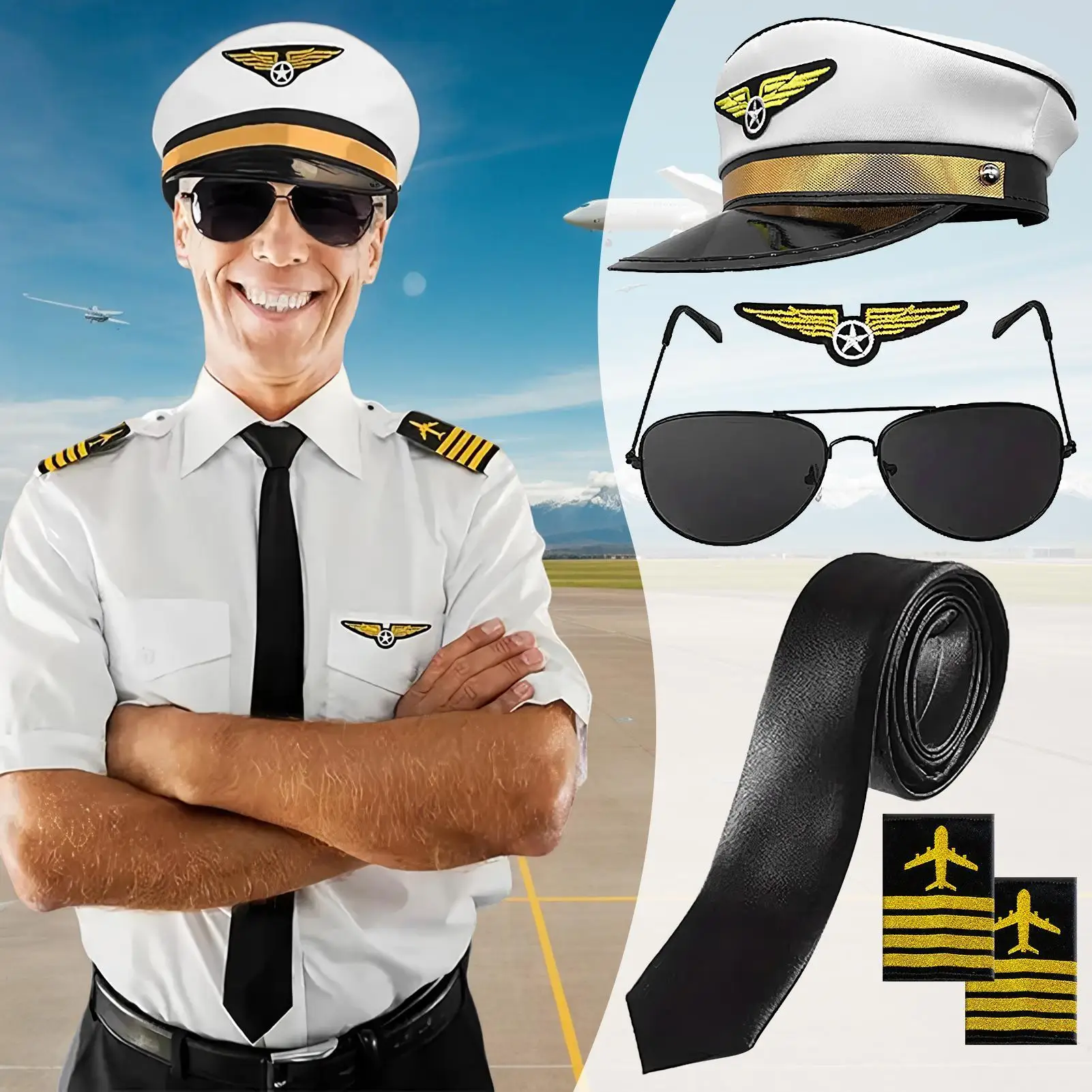 Pilot Captain Costume Set Pilot Hat Aviators Sunglasses Wing Patch Multiple Kits With Tie Epaulets Plane For Halloween Party - view 5