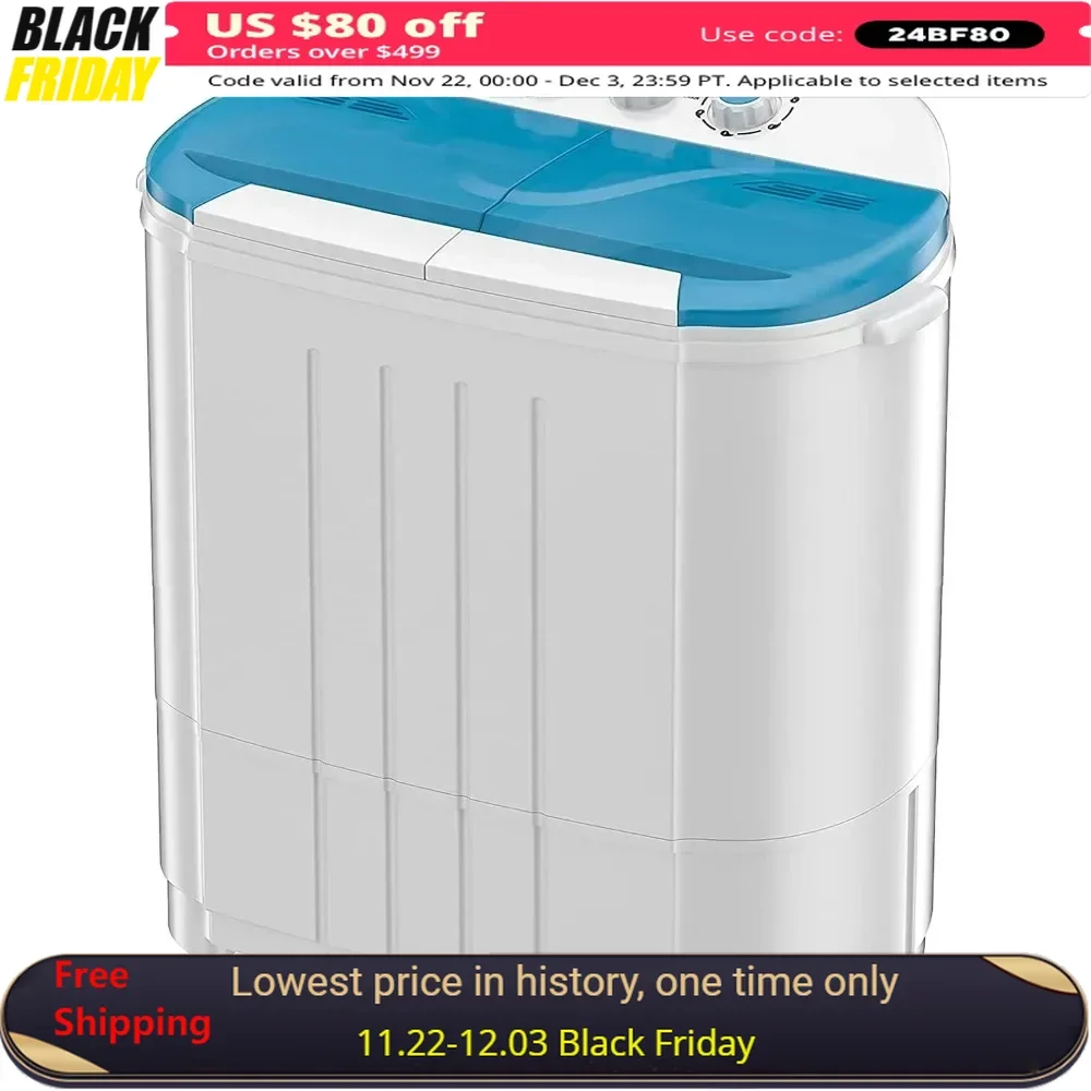 Portable Washing Machine, 14lbs Twin Tub Spinner Comb W/ Built-in Gravity Drain & Time Control, Semi-automatic Laundry