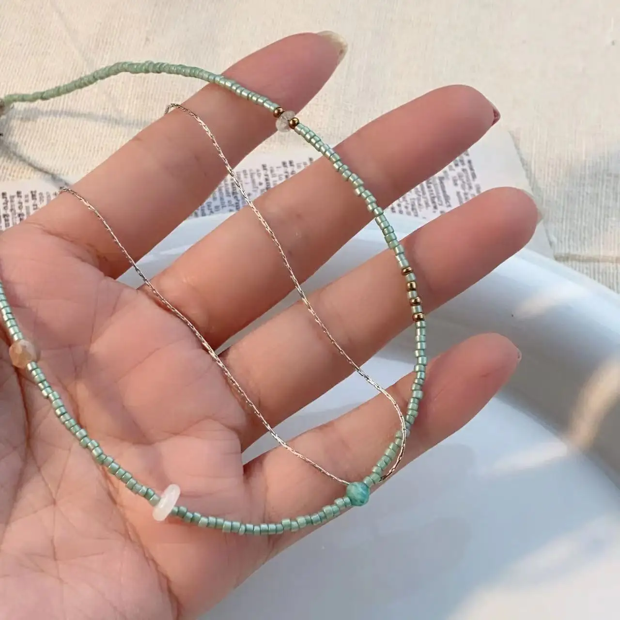 Korean Fashion Green Beads Necklaces for Women Double Layer Simple Choker China Fashion Casual Neck Jewelry Accessories Gift