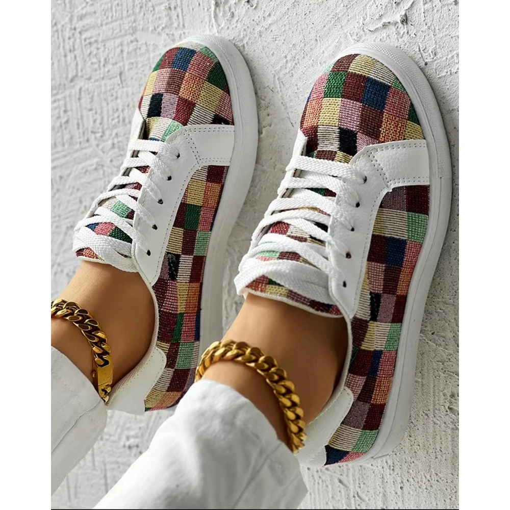 New In Colorblock Plaid Print Lace-up Sneakers Women Spring Autumn Round Toe Sports Running Shoes Femme Going Out Korean Style