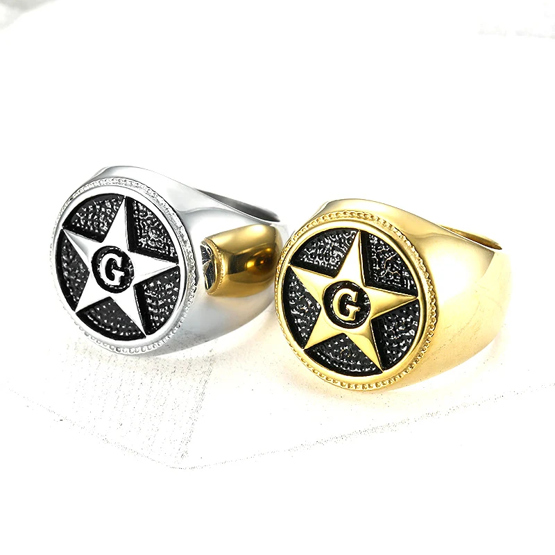 

316l Stainless Steel 18k Gold Mason Masonic Freemason Ring Round Star Letter G Masonic Ring Jewelry Mens