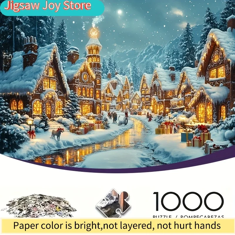 

A Box Containing 1000 Puzzle Pieces Measuring 50X70Cm Or 19.7X27.6 Inches, Featuring a Snowy Night Scene for Christmas. This L