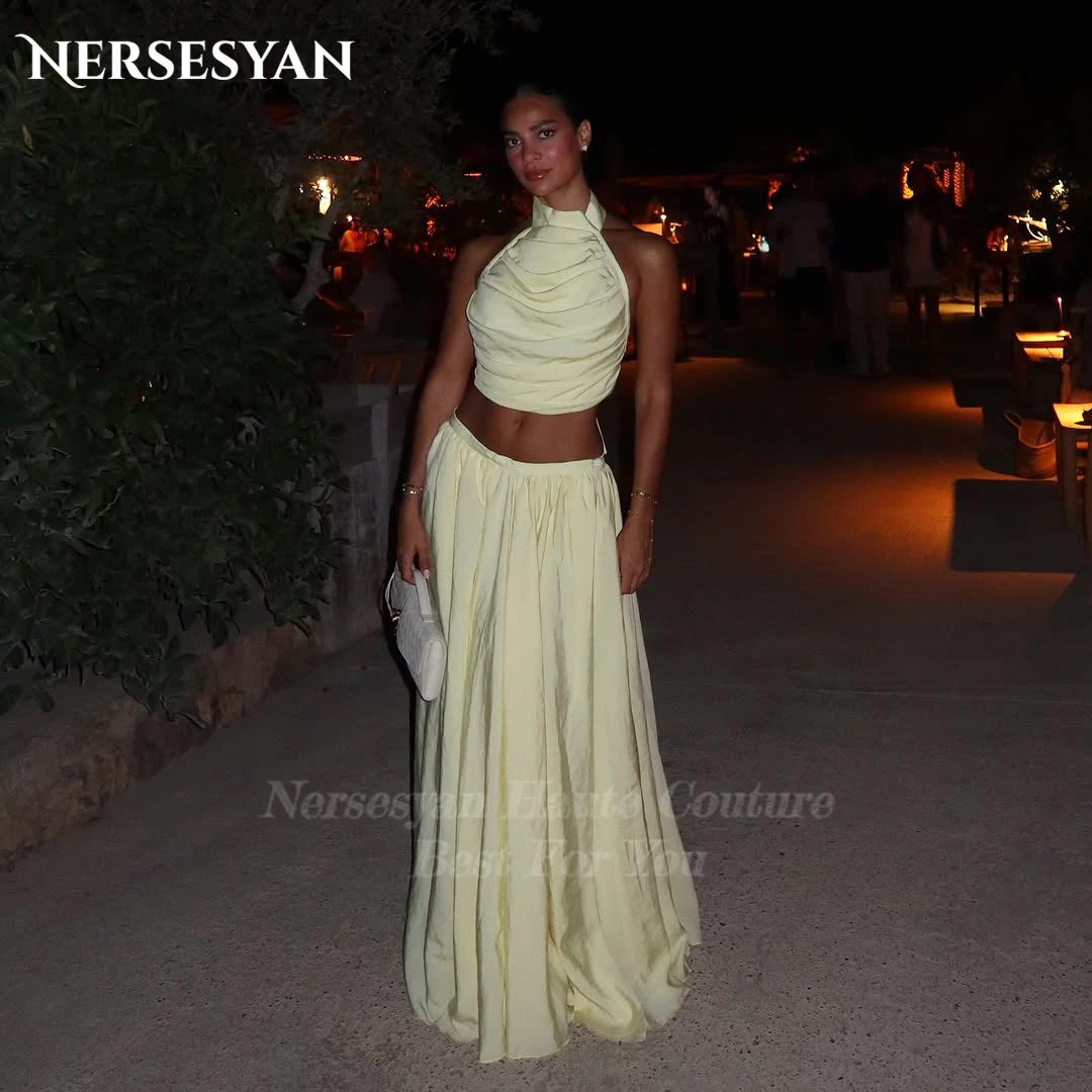 Nersesyan 두 조각 레몬 댄스 파티 드레스 오프 숄더 새틴 정장 이브닝 드레스 홀터 사우디 아라비아 파티 가운 2025 맞춤형