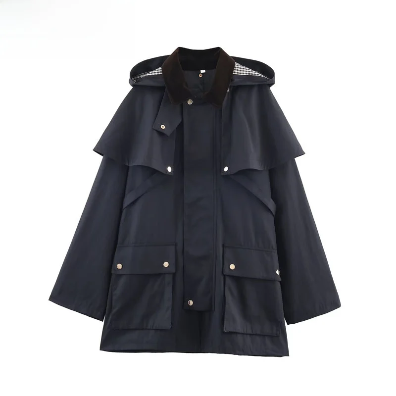 خريف جديد وصول المرأة معطف 2025 Sle مقنعين اللون بلو طوق سترة واقية الشارع Faion طويل Sve منتصف طول بوليز...