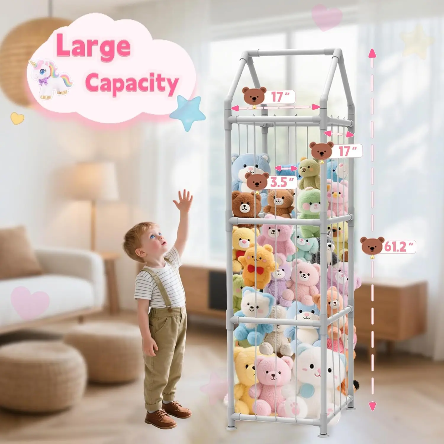Stuffed Animal Storage with Suction Cups, ABS Plush Toy Organizer for Kids Bedroom, White view 3