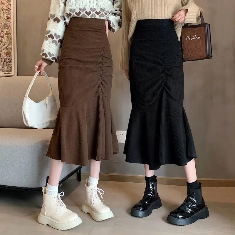 

Elastic High Waist Slim Ruffles Versatile Casual Fishtail Skirts Korean Fashion Women Corduroy Pleated Long Skirt Autumn Winter