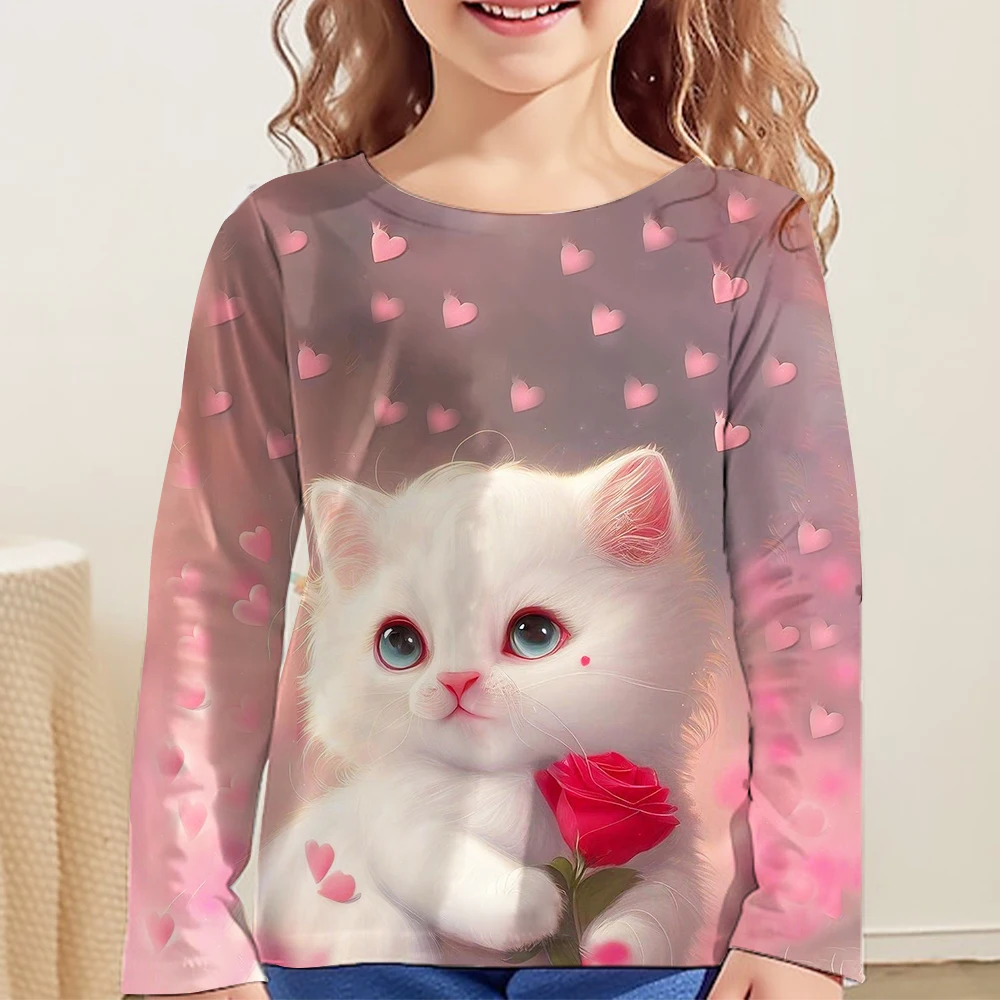 Одежда для девочек, рубашка с изображением кошек, футболка с длинным рукавом, футболки для девочек с графическим рисунком, топы, детская одежда, модная летняя одежда для девочек с принтом