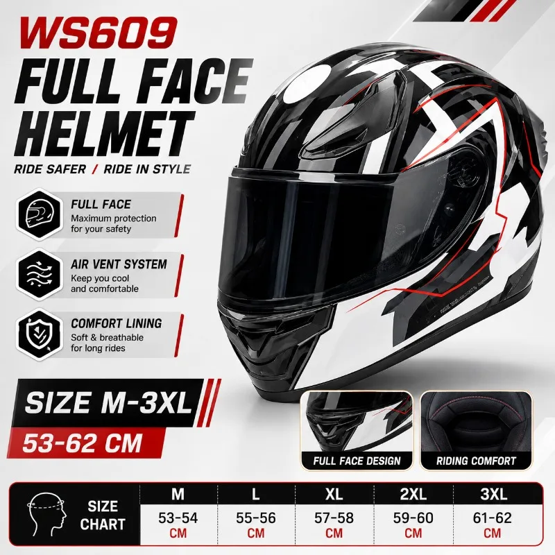 WS609 Motorcycle Full Face Helmet Men Women All Season Riding Helmet Lightweight Comfortable Street Moto Protective Gear