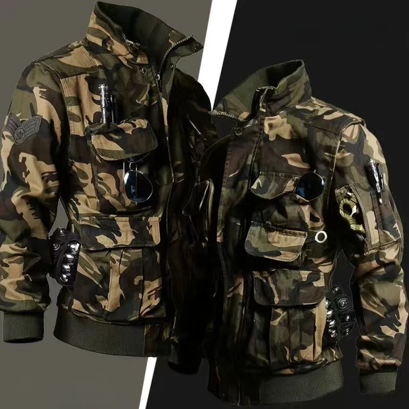 Camouflage-Softshell-Set für Herren, mehrere Taschen, winddicht, Jagduniform im Freien, zweiteiliges Set mit Wander- und Trainingskampfausrüstung