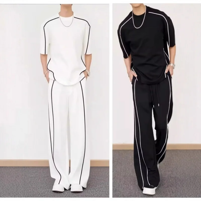 Spring and summer new color contrasting edge design short sleeved pants set, sporty style, daily wear two-piece set for men