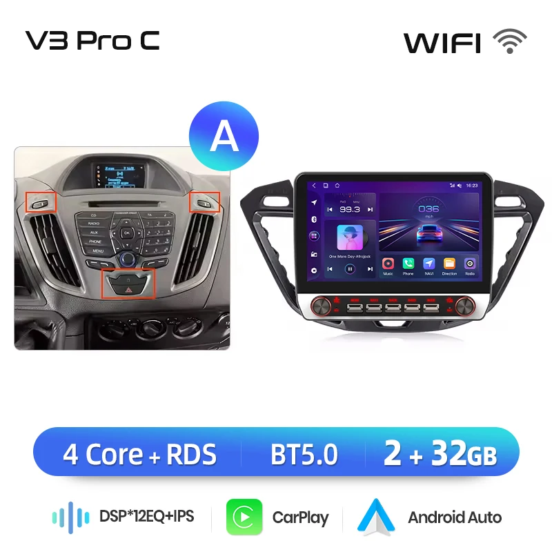 Junsun 13.1″ QLED draadloze CarPlay Android Auto autoradio voor Ford Transit Custom Tourneo 2013-2021 intelligente systemen DSP SWC