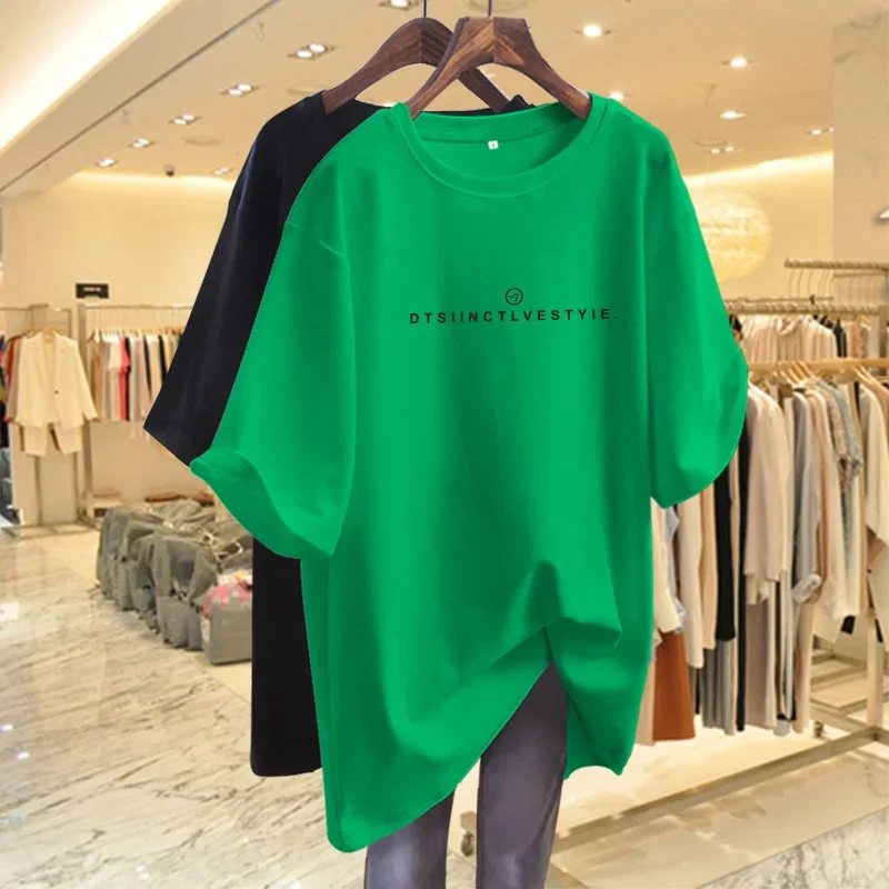 Female Tees O-neck Women Basic Letter T-shirt Summer Casual Pure Cotton Pullovers Top