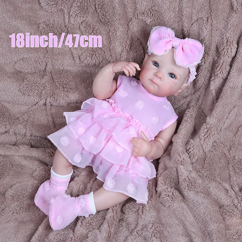 18 Inch Bebe Reborn Toys Girl Doll Silicone Girl Reborn Baby Doll With Painted Lifelike Pink Dress Hair Babi Reborn Toys