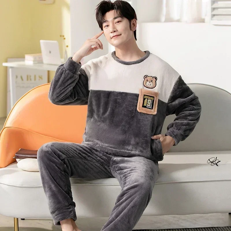 2023 Winter Long Sleeve Thick Warm Flannel Pajama Sets for Men Coral Velvet Cute Cartoon Sleepwear Suit Pyjamas Homewear Clothes