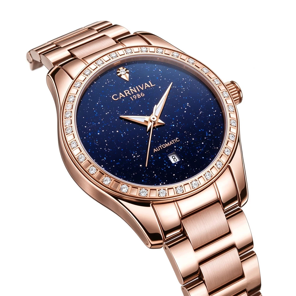 CARNIVAL Women Automatic Mechanical Watch Starry Sky Blue Dial Diamond Bezel Rose Gold Calendar Luxury Ladies Wristwatch Reloj