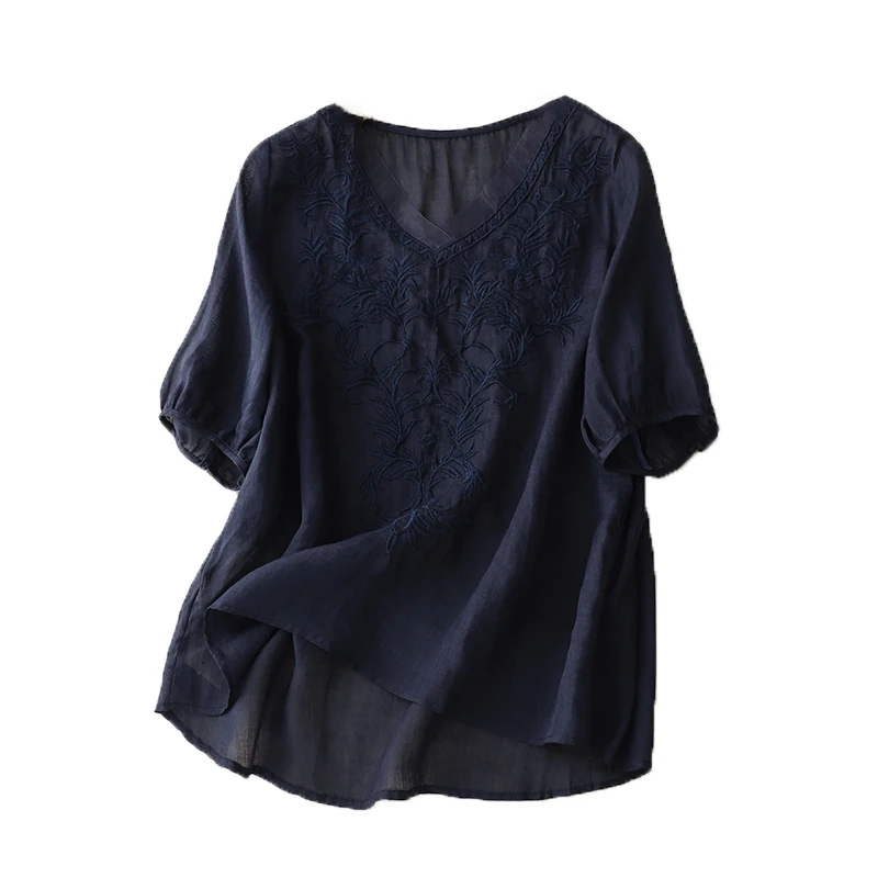 تي شيرت نسائي صيفي مطرز من القطن والكتان ort Sve تي شيرت نسائي صيفي أنيق irt قميص صغير جميل للتنقل Sle V-Ne