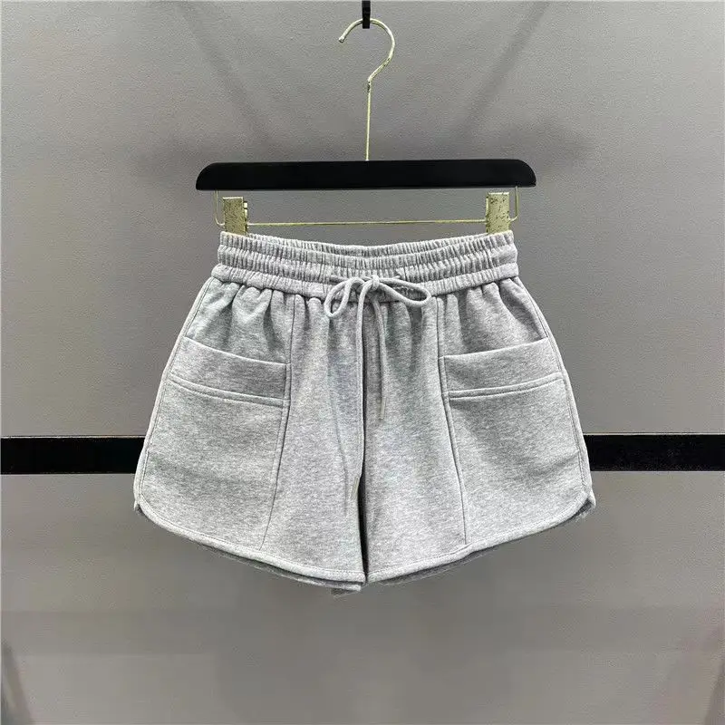 DAYIFUN-Women's Monochromatic Shorts with Pocket Design Running Sports High Waisted A-line Wide Leg Short Pants Summer New 2024
