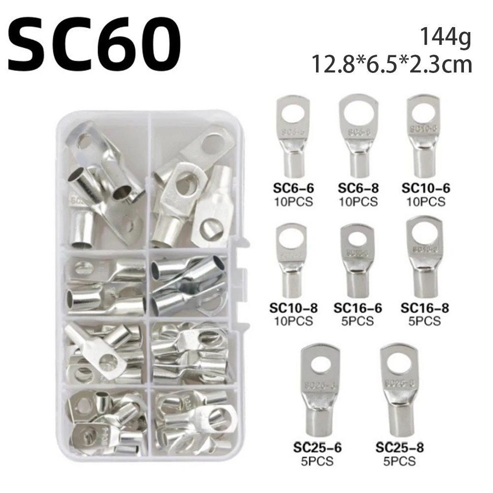 60pcs SC Copper Speculum Copper Nose OT Circular Plug-in Cold Crimp Terminal Box Wire Ear Set 6-25 Flat