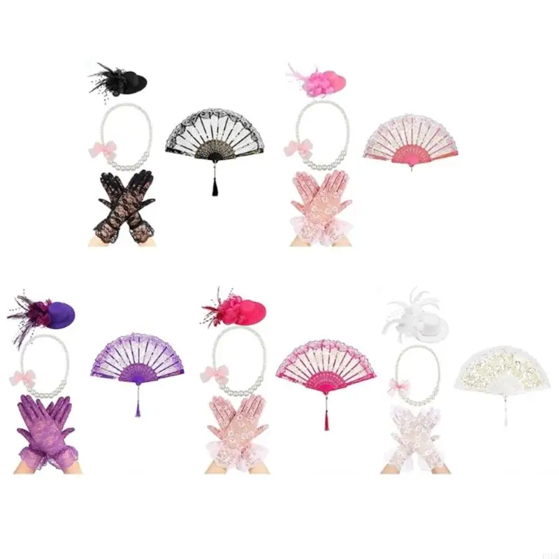 

P8DB 4Pcs Halloween Fascinators Hats for Women Girl Tea Party Hat Short Lace Gloves