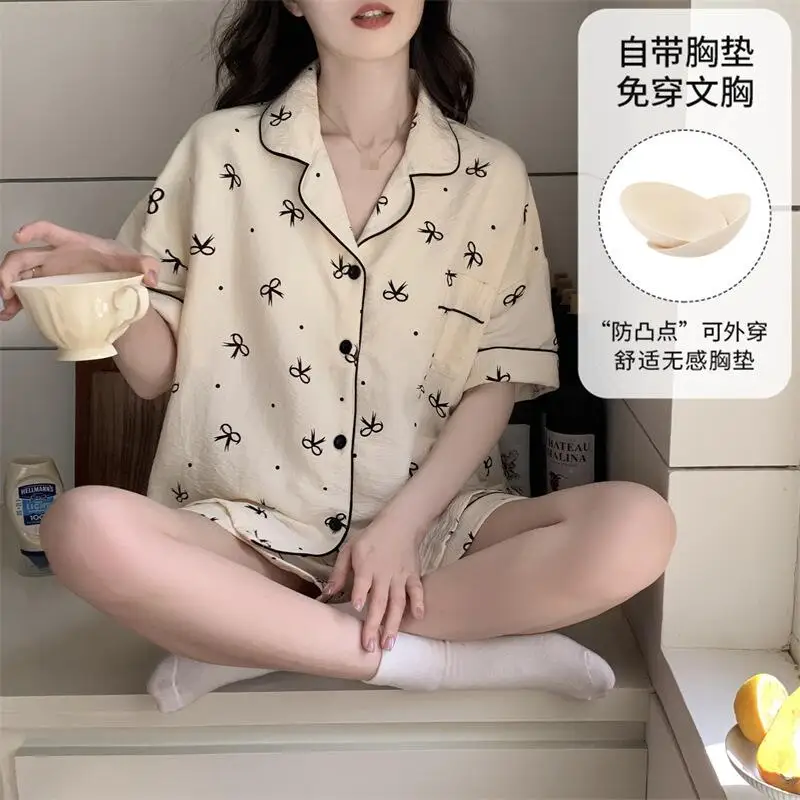 

Новый летний комплект женской пижамы с коротким рукавом и шортами, для подростков, с отложным воротником, домашняя одежда, модный, приятный для кожи, мягкий комплект из двух предметов