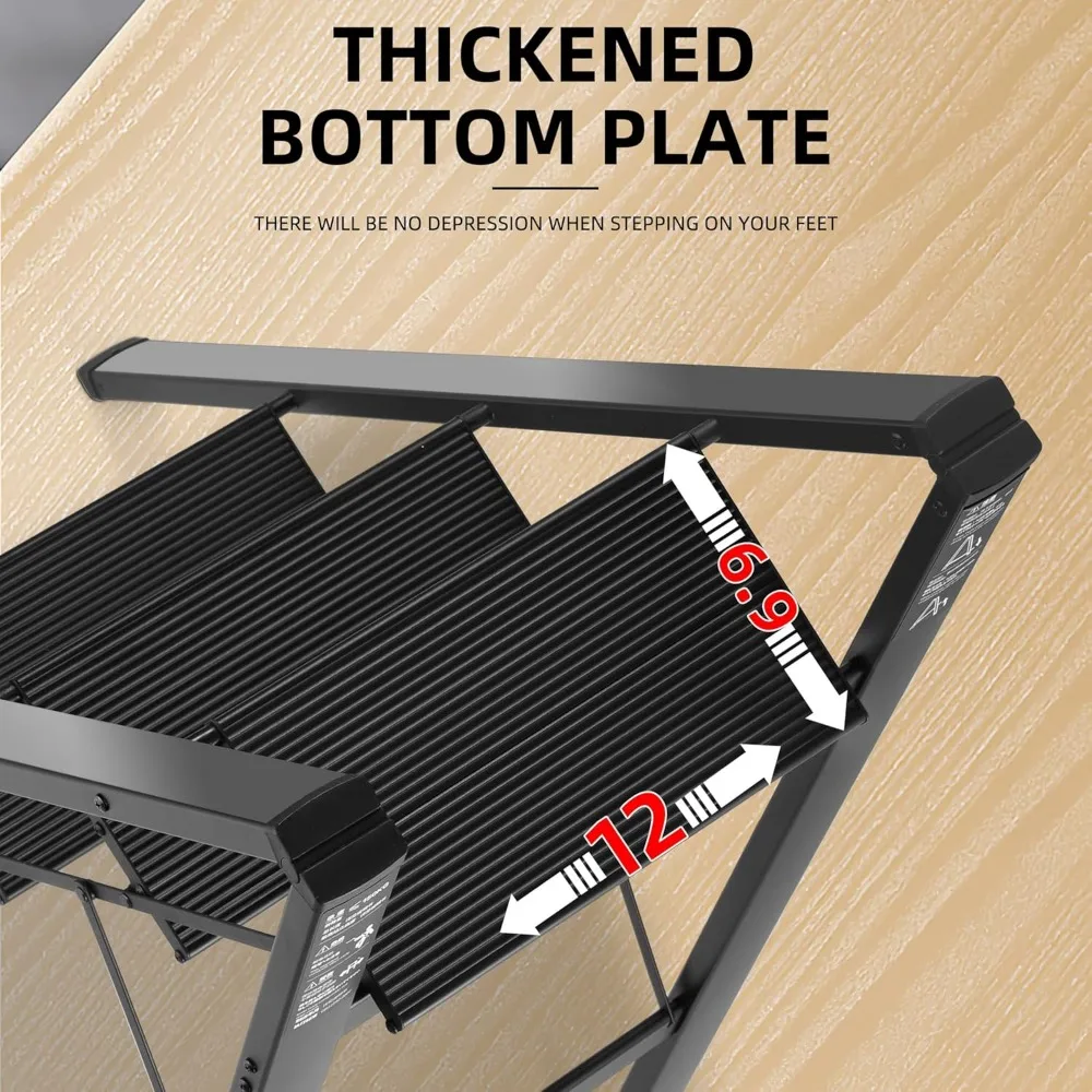 سلم بثلاث خطوات، مقعد سلم قابل للطي، معالجة أوسع غير قابلة للانزلاق، سلم محمول خفيف الوزن للمنزل والمطبخ، يحمل