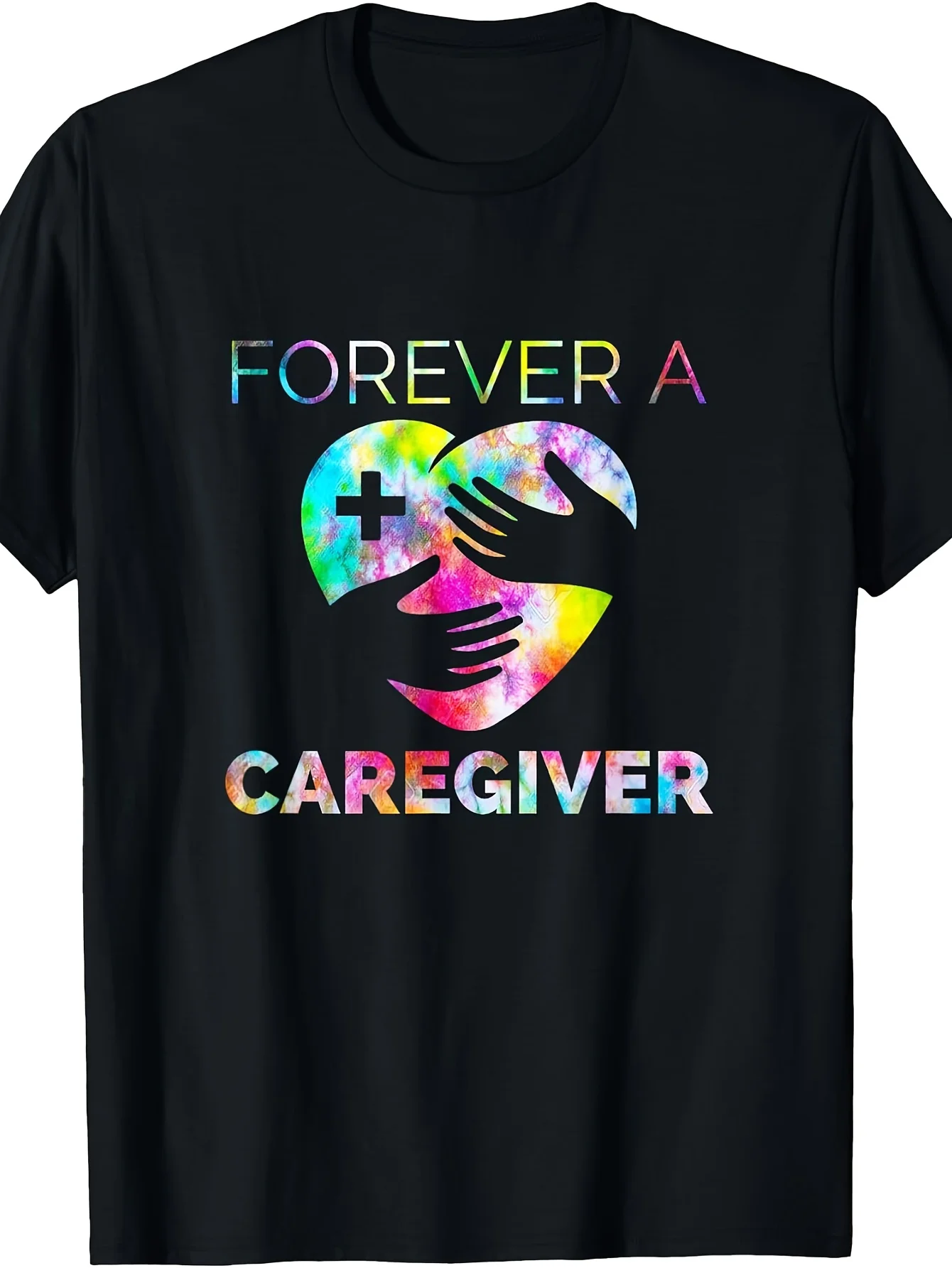 Plus Size Women'S Plus Size Caregiver Appreciation T-Shirt - Forever A Caregiver Gift Tee 180Gsm Fit Short Sleeve Round Neck Black Top for Nurses Doctors Elder Care Workers - Year-Round Casual, Classic Retro Style, Round Neck Short Sleeves