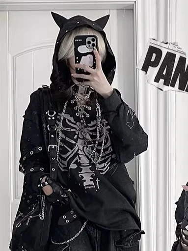 

Original Subculture Dark Gothic Loose Hoodies Chain Tie-Dye Vintage Distressed Ear Hoodie Punk Style Oversized Hoodies Women