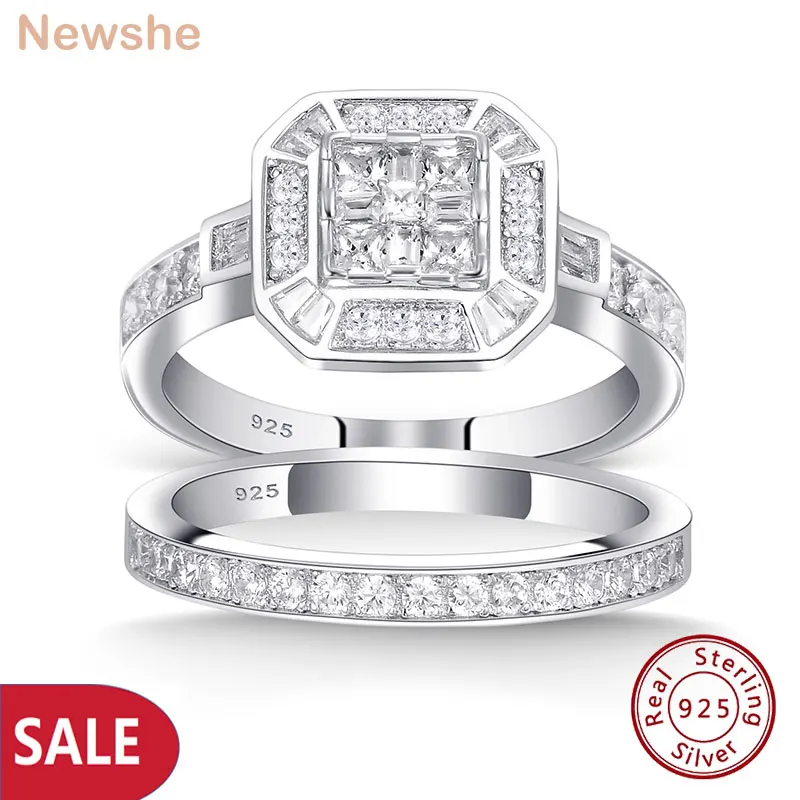 

Newshe 925 Silver Engagement Wedding Rings for Women CZ Ring Set Original Certified Vintage Fine Jewelry Clearance Sale
