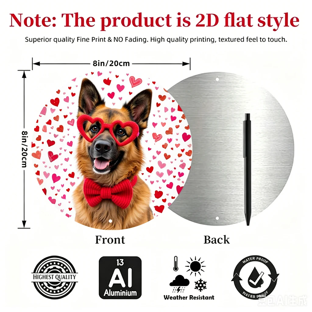 JIT 1-pc White heart confetti german shepherd with red bow tie cartoon print round metal tin sign wall decor, smooth lightweight panel, this unique metal tin sign suits entryway and lounge for long-term wall ornament, ideal decorative home lovers view 3