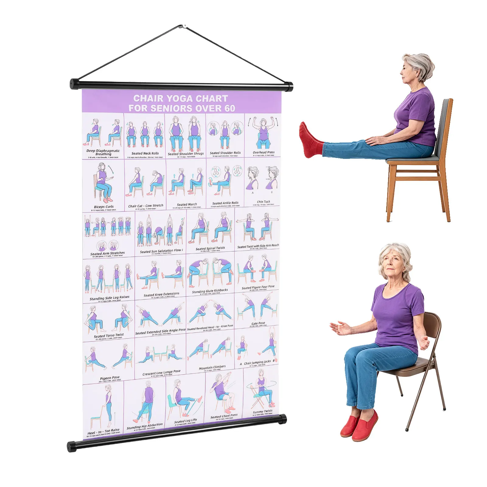 Chair Yoga Chart Waterproof Surface Tai Chi Chair Workout Chart Hanging Foldable Chair Exercise Chart for Seniors Home Workout