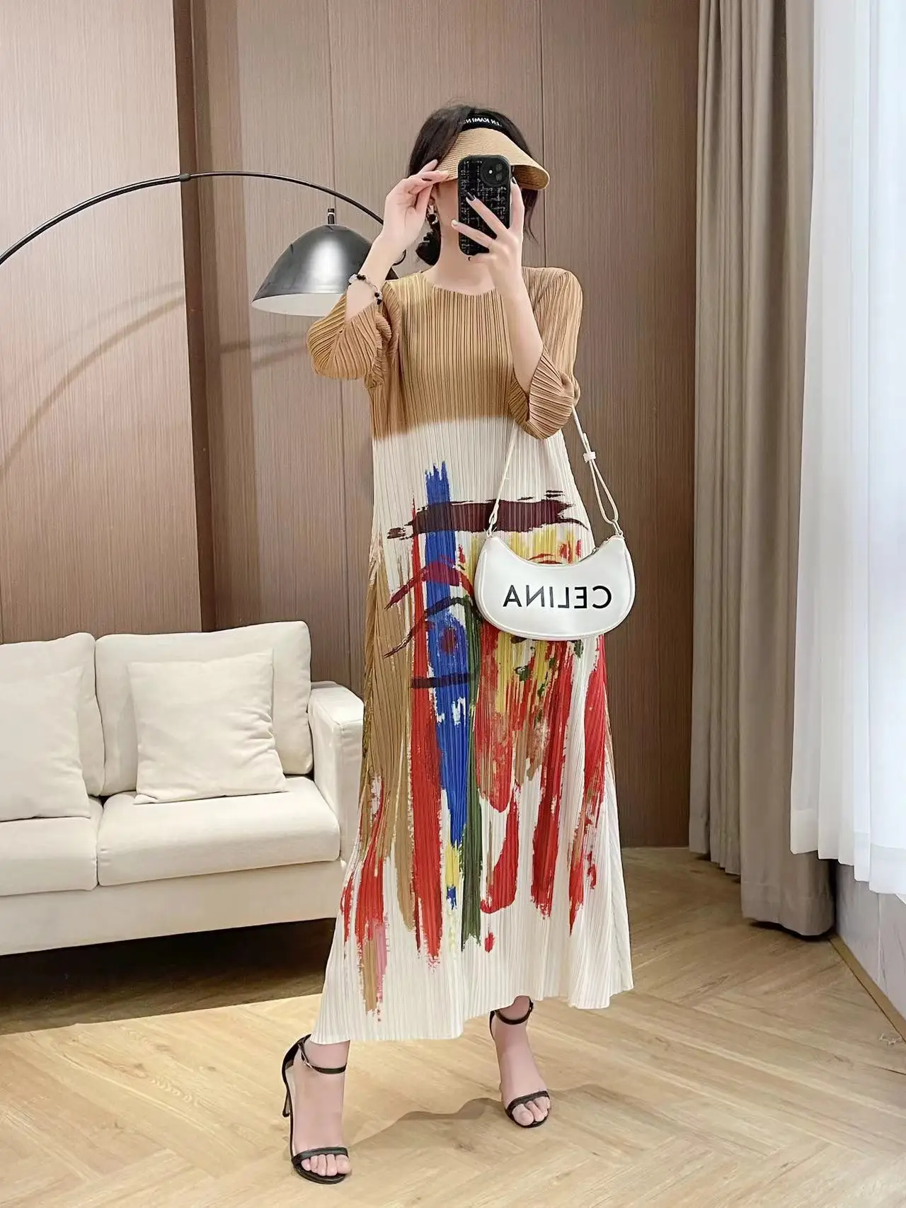 Miyake Pleated French Niche Western-style Printed Women's Dress Round Neck Long Slim Dress 2024 Summer New Style