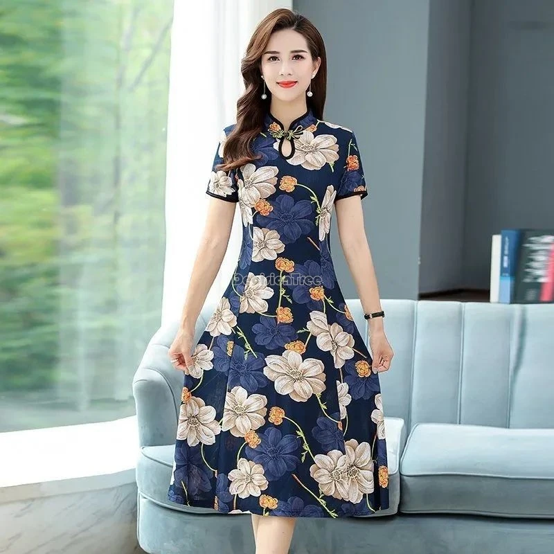 2024 new improved chinese printed elegant cheongsam women short-sleeved summer new mid-length printed slimming qipao dress w432