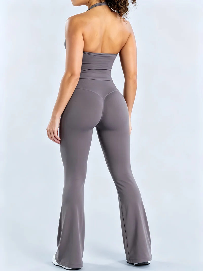 2-teiliges Fitness-Set für Damen: Nahtloses Gym-Haltertop und Hüftliftende Schlaghose für Yoga, Laufen und Workout – Detail 9