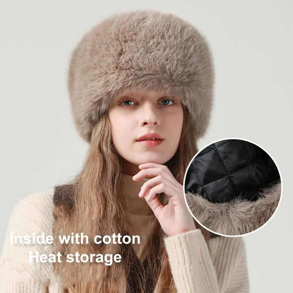 Thick Women Winter Hat Faux Fur Elastic Anti slip Warm Windproof No Brim Ear Basin Hat Hunting Outdoor Cap