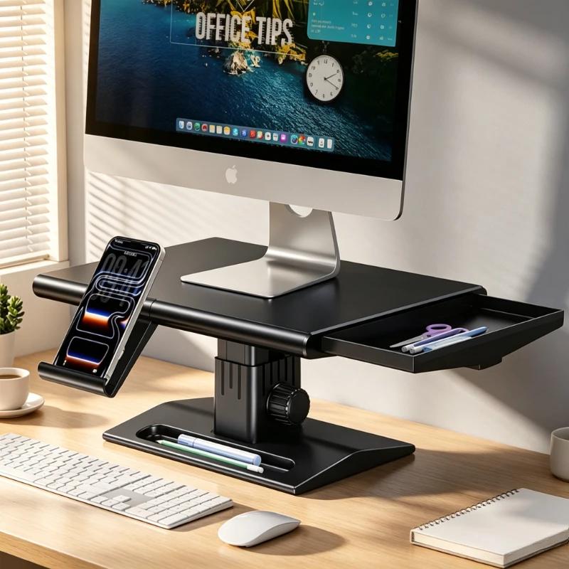 Adjustable Monitor Stand Riser Knob Height Lift Desktop Shelf with Pull Out Drawer for Laptop Office Black Home Desk 모니터 받침대