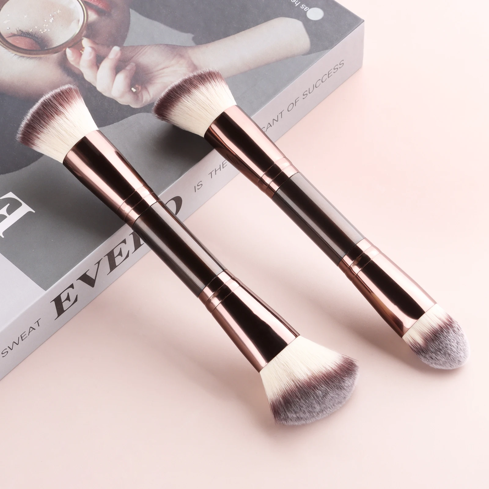 2Pcs Double Ended Makeup Brushes Set, Round Foundation & Angled Contour Brush, Soft Bristles for Face Makeup