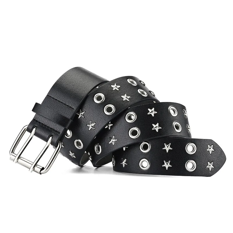 mens casual soft leather studded belts double pin buckle belt punk hip hop dress women stylish waistband black rivets strapon