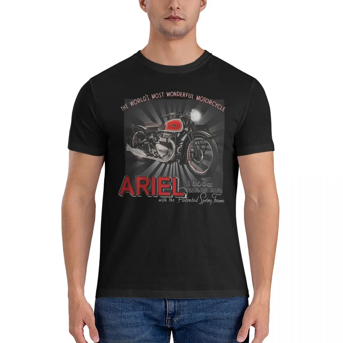 Creative Vintage ARIEL 1000 Square Four Motorcycle T-Shirt Men Crewneck Cotton T Shirt motorbike Short Sleeve Printing Clothes