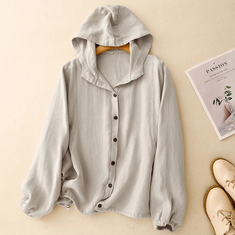Primavera verão algodão linho com capuz irt batwing sve longo sve único botão cor pura versátil outerwear commute sle