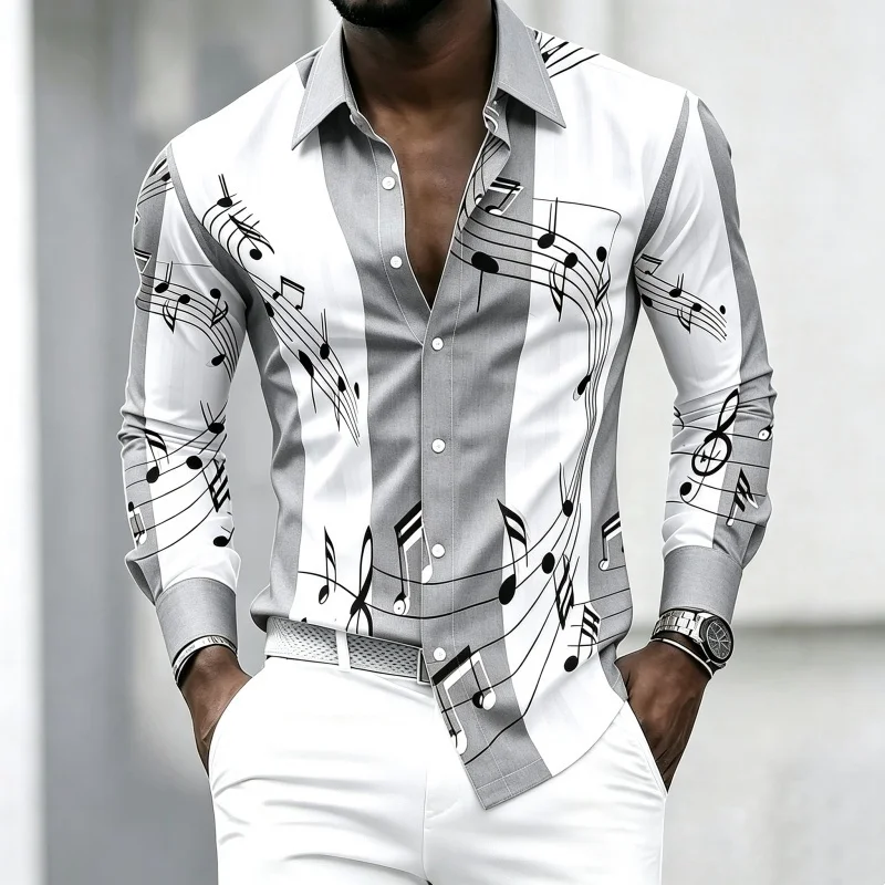 Men's Collared Shirt With Creative Musical Note Print  Trendy long-sleeved Casual Top For Everyday Wear  Dates  And outings.