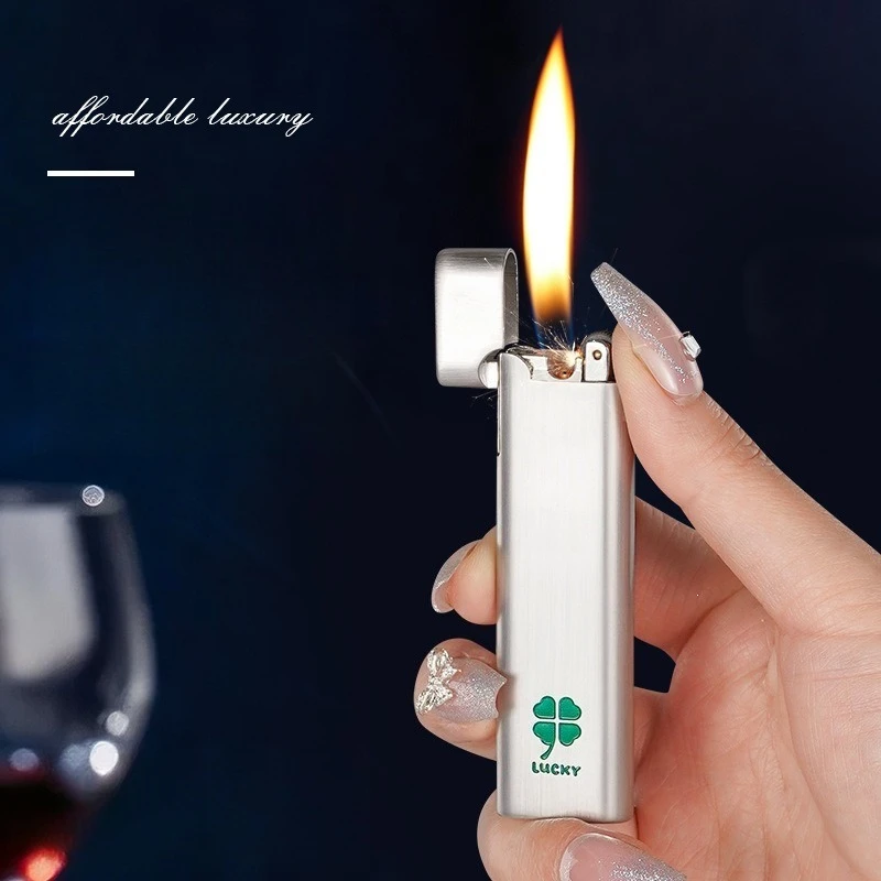 2026 Zinc Alloy Slant Fire Strip Slim High Beauty Girl's Fashion Classic Grinding Wheel Open Flame Inflatable Lighters Smoking