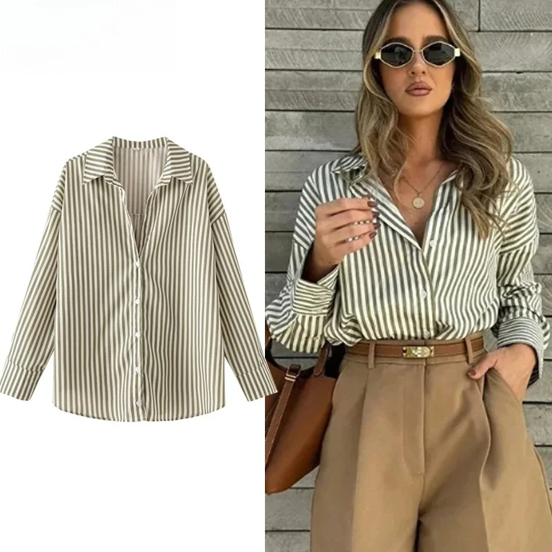 

2025 Shirts Blouses New Long Striped Shirt Women Long Sleeve Casual Shirts Large Tops Summer Plain Button Up Shirts 088