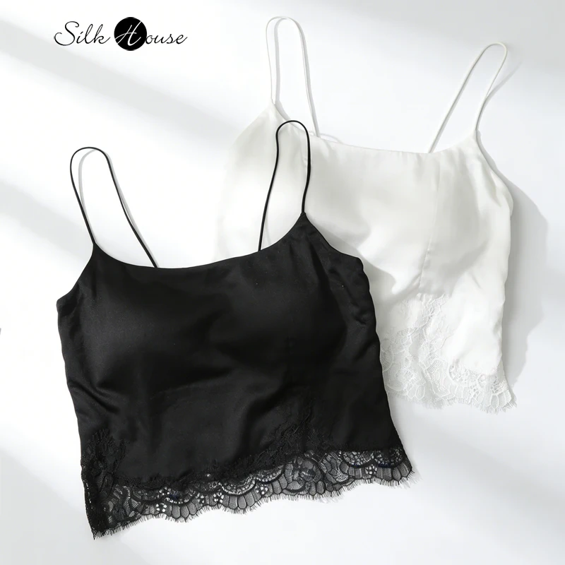 2026 Women's New Natural Mulberry Silk Elastic Satin Ultra Thin with Chest Mat 2-in-1 Eyelash Lace Side Split Sexy Strap