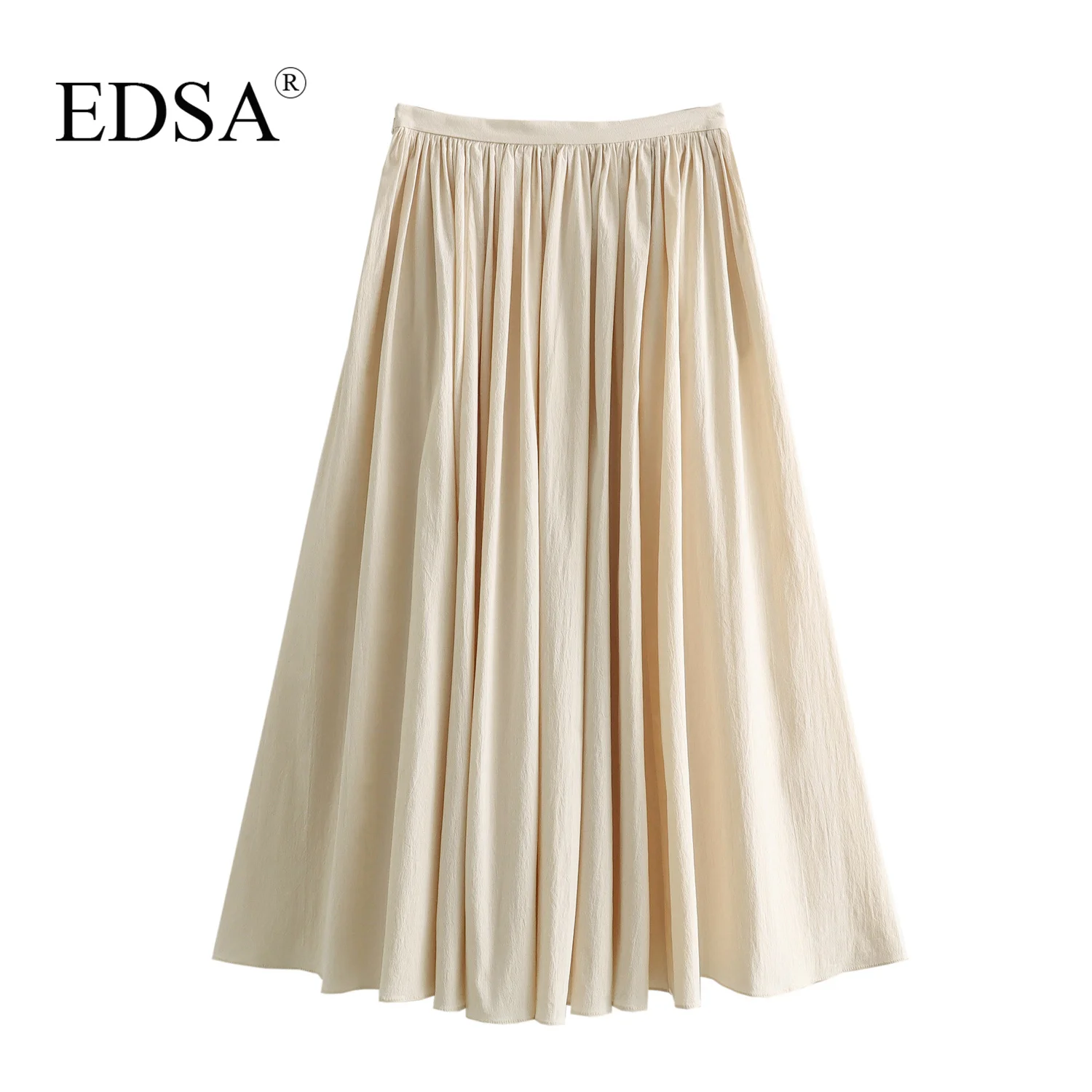 EDSA Women Fashion Solid Beige Pleated Loose A-Line Midi Skirt Mid Waist Female Chic Lady Casual Long Skirt