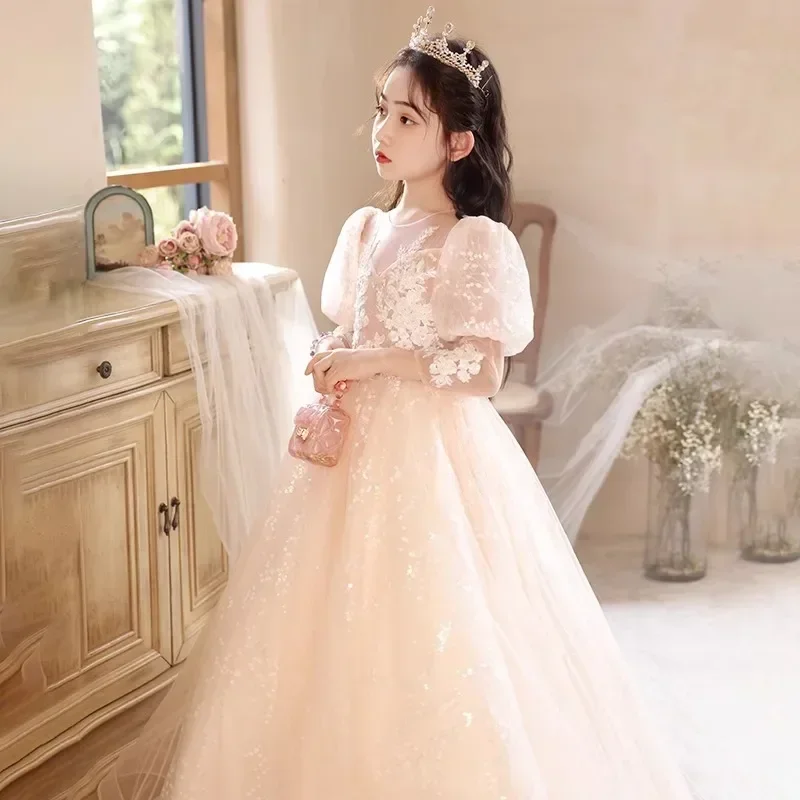 Flower Boy Wedding Little Girl Dress 2024 New Long sleeved Girl's Birthday Princess Dress Small and Popular Children's Performan