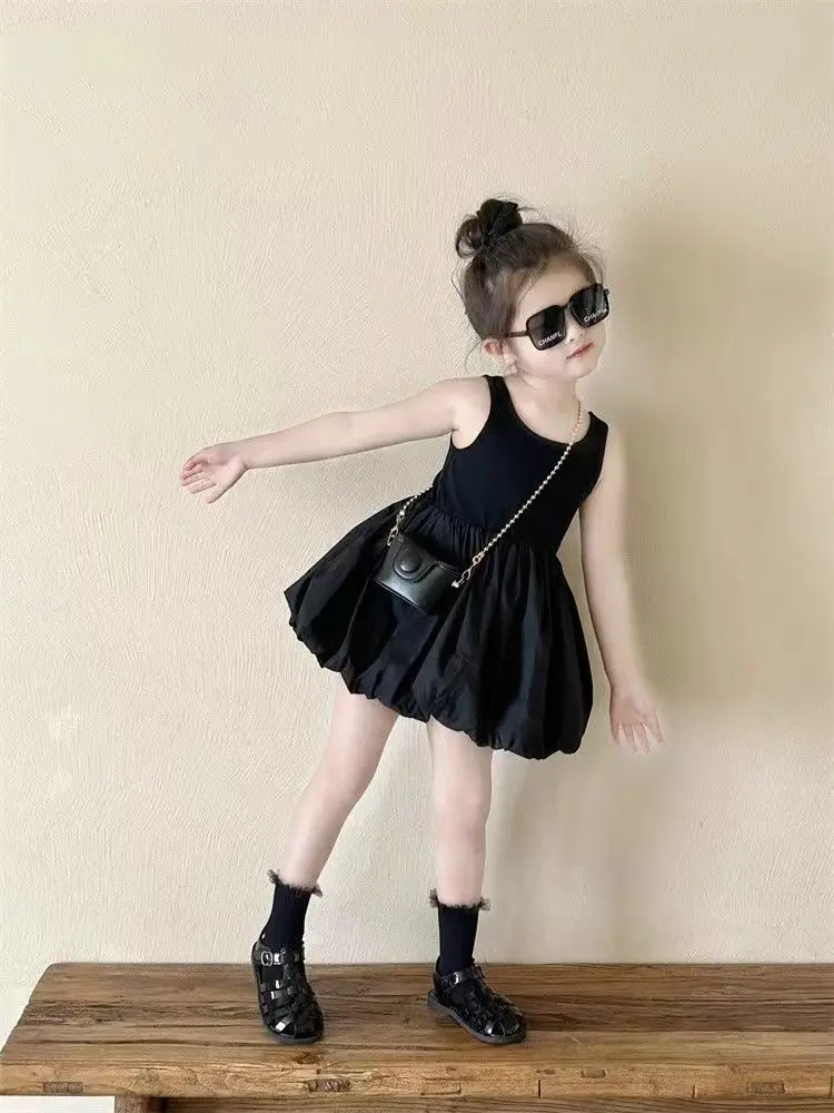 Girls Sleeveless Dress 2024 Summer Children\'s Baby Fashionable Sling Dress Princess Dress Children\'s Little Black Dress